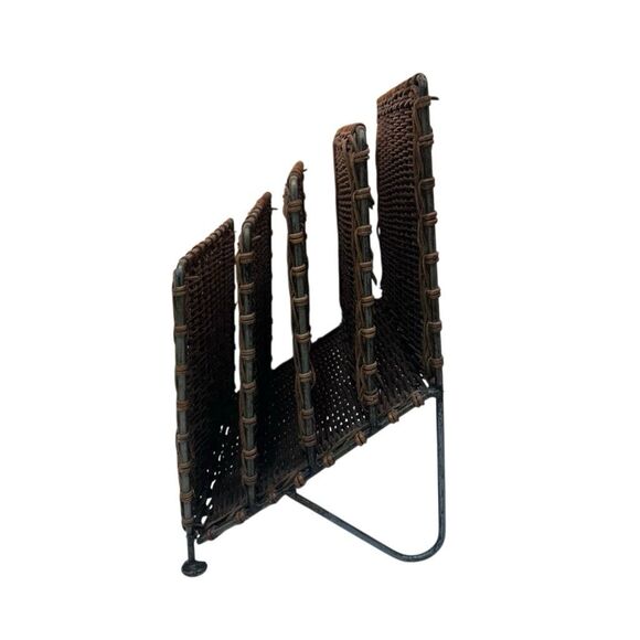 Vtg MCM Desktop Hand Woven Wicker Metal Vinyl Stationary Magazine Rack Holder - Picture 7 of 11